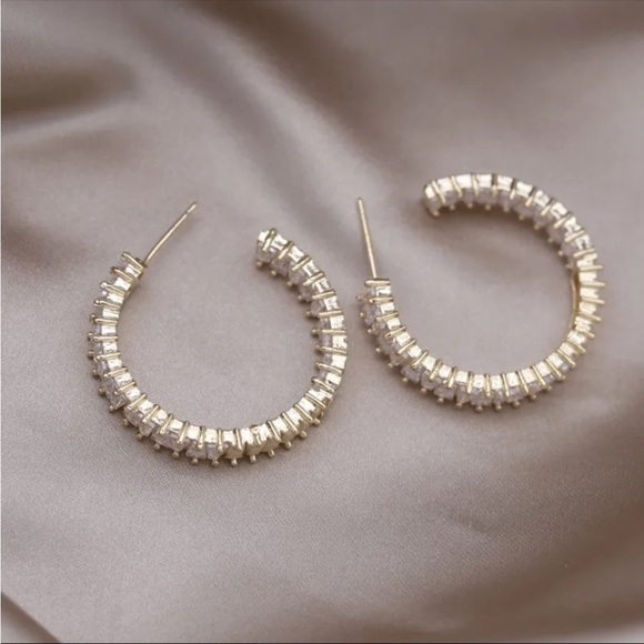 Loop Hoop 14K gold plated luxury big round C-shaped zircon earrings elegant - Picture 7 of 16